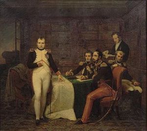 Napoléon dictant ses mémoires aux généraux Montholon et Gourgaud en présence du maréchal Bertrand et du comte de Las Cases.